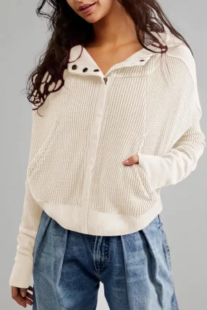 Baylyn Marie Half Button Zip Up Waffle Crop Hoodie Sweatshirt Jacket