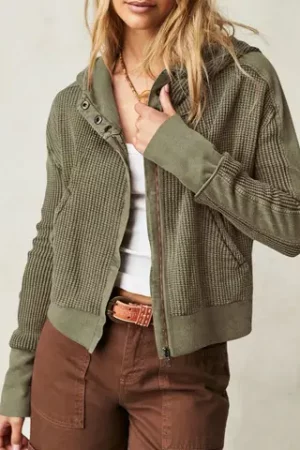 Baylyn Anne Half Button Zip Up Waffle Crop Hoodie Sweatshirt Jacket