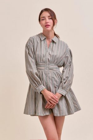 Emberlynn Striped Button Down Ruched Waist Mini Dress