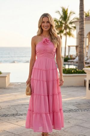 Arianna Ruched Rosette Tiered Maxi Dress