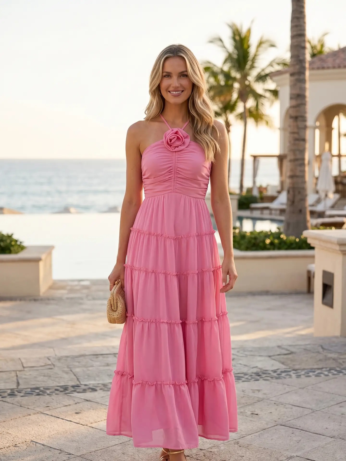 Arianna Ruched Rosette Tiered Maxi Dress