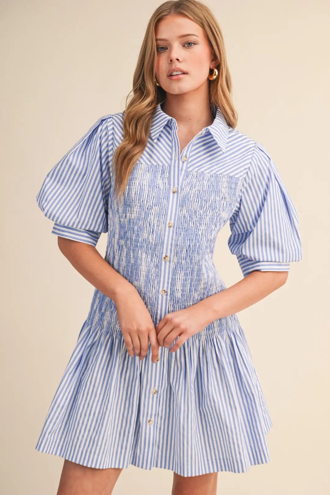 Clarissa Striped Smocked Bodice Mini Dress