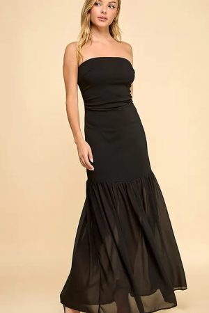 Ginger Strapless Chiffon Drop Skirt Maxi Dress in Black