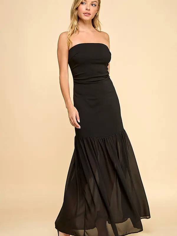 Ginger Strapless Chiffon Drop Skirt Maxi Dress in Black