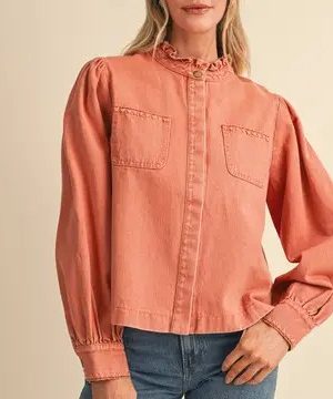 Star Denim Button Down Top with Triangle Blanket Stitch