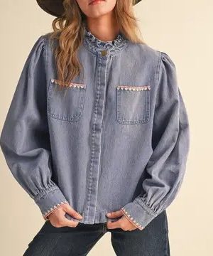 Star Anne Denim Button Down Top with Triangle Blanket Stitch