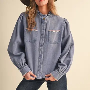 Star Anne Denim Button Down Top with Triangle Blanket Stitch