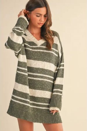 Brittany V Neck Oversized Striped Sweater Mini Dress
