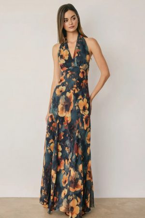 Grayer Floral Chiffon Halter Godet Maxi Dress