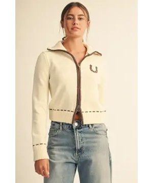 Shayna Horseshoe Appliqué Full Zip Mock Neck Sweater Jacket