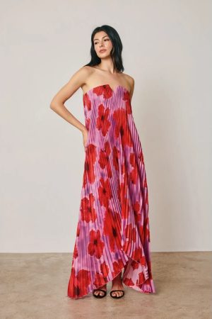 Lapis May Tropical Floral Strapless Pleated Maxi Column Dress