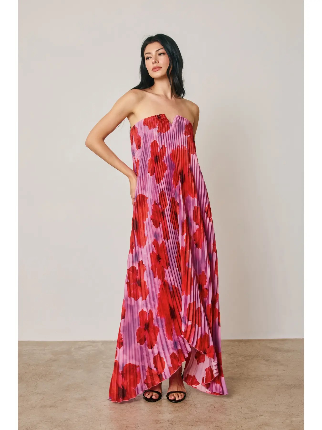 Lapis May Tropical Floral Strapless Pleated Maxi Column Dress