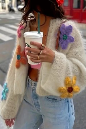 Nellie Boho Crochet Colorful Floral Design Crop Knit Cardigan
