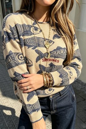 Sadie Coastline Sardines Fish Print Knit Sweater