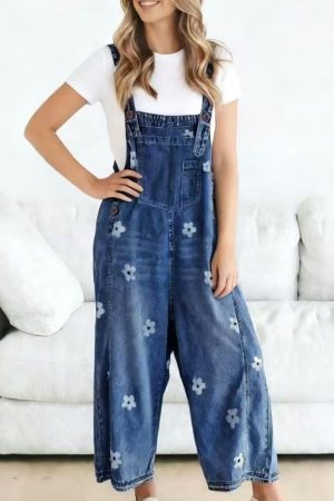 Wendy Western Rustic Floral Print Wide Leg Denim Overalls