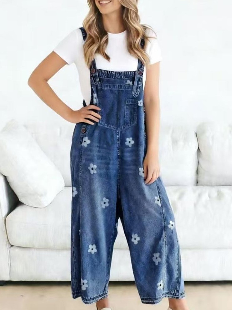 Wendy Western Rustic Floral Print Wide Leg Denim Overalls