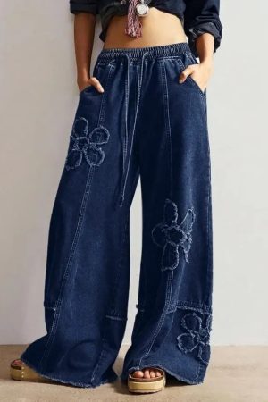 Shanna Western Boho Vintage Floral Drawstring Seamed Jeans