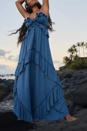 Lydia Halter Tie Neck Maxi Dress with Tiered Billowy Ruffles