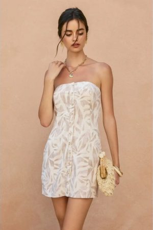 Moisha Tropical Leaf Button Placket Strapless Mini Dress