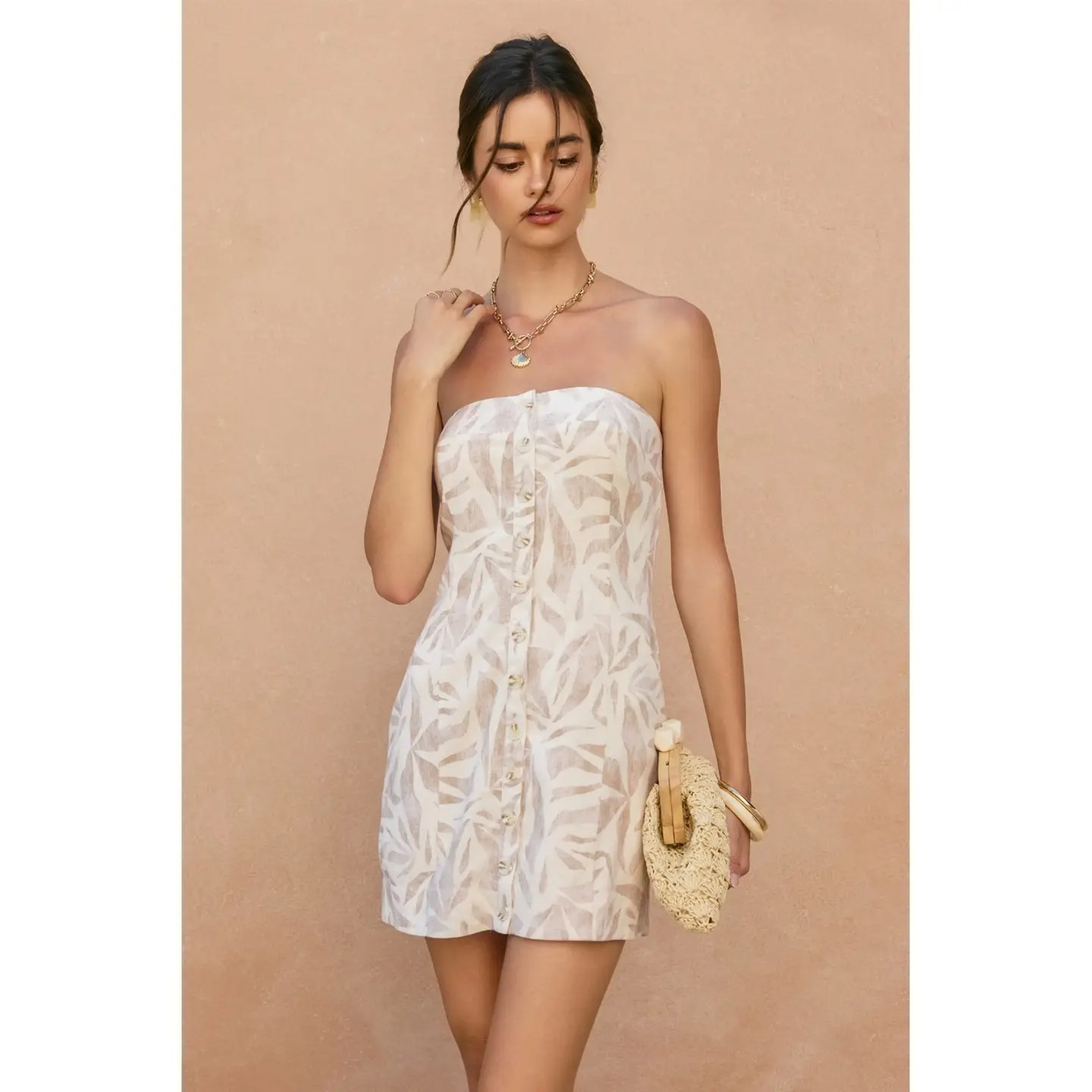 Moisha Tropical Leaf Button Placket Strapless Mini Dress