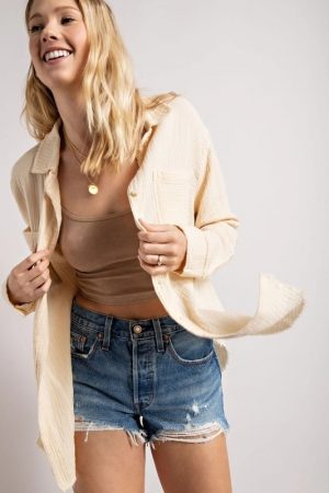 Monica Maria Gauze Button Down Shirt with Rough Edging