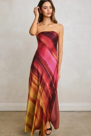 Goldie Sunset Stripe Satin Strapless Bias Cut Maxi Dress