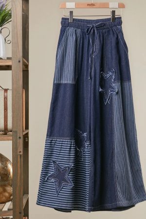 Alexis Frayed Star Patch Denim Wide Pants