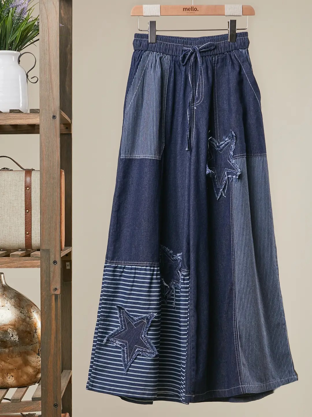 Alexis Frayed Star Patch Denim Wide Pants