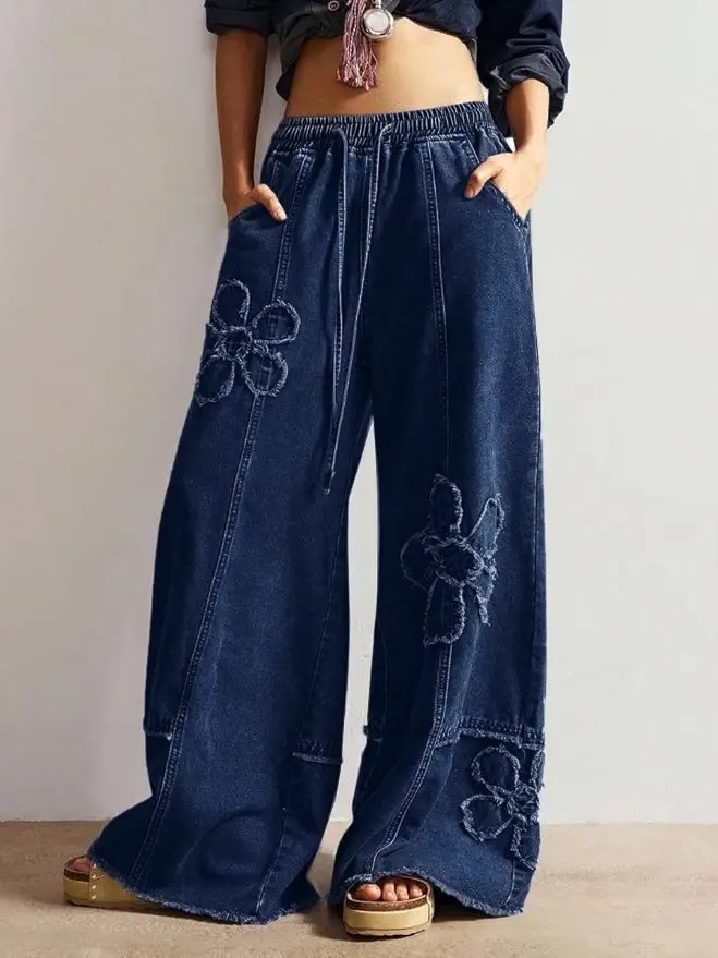 Shanaya Western Boho Vintage Floral Drawstring Seamed Jeans