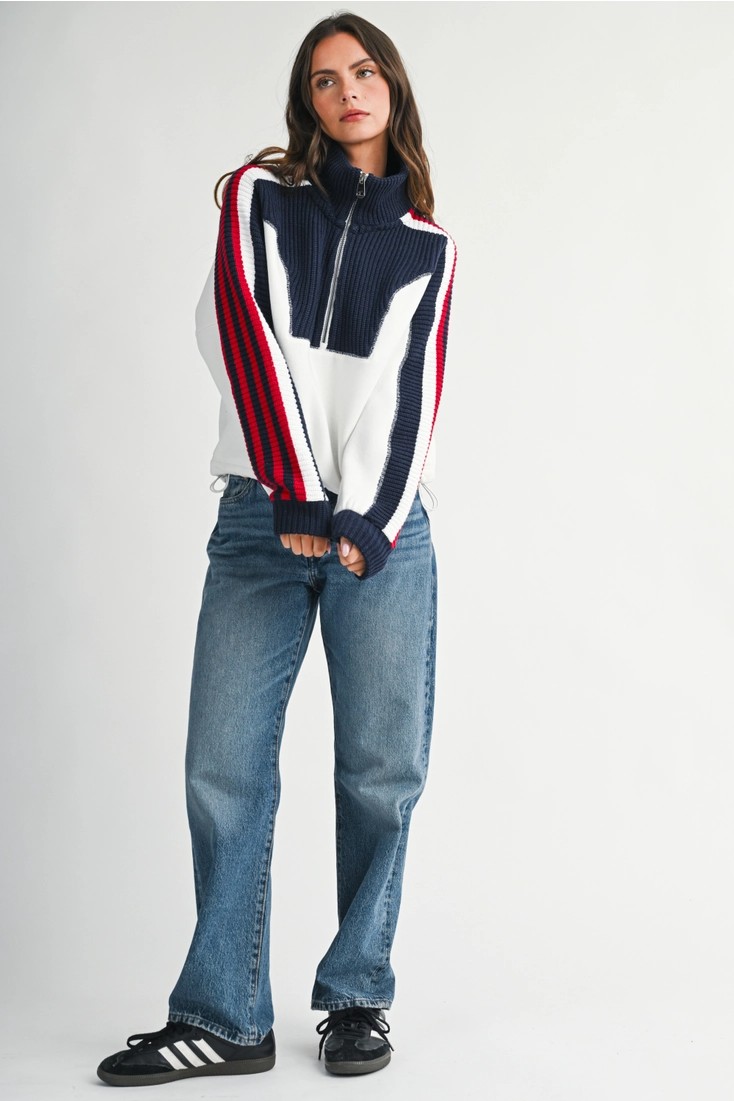 Elsa Varsity Stripe Half Zip Pullover Sweater