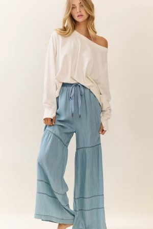 Dolly Washed Denim Tiered Wide Leg Pants