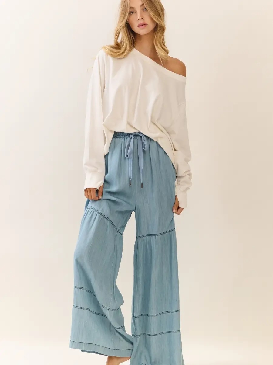 Dolly Washed Denim Tiered Wide Leg Pants