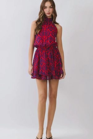 Camilla Red & Navy Printed Halter Mini Dress