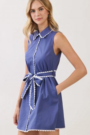 Danlia Blue Scallop-Trim Belted Mini Dress