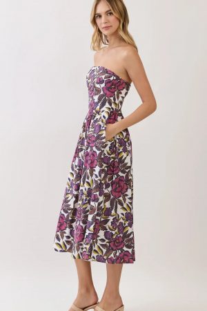 Lainey Plum Floral Strapless Midi Dress