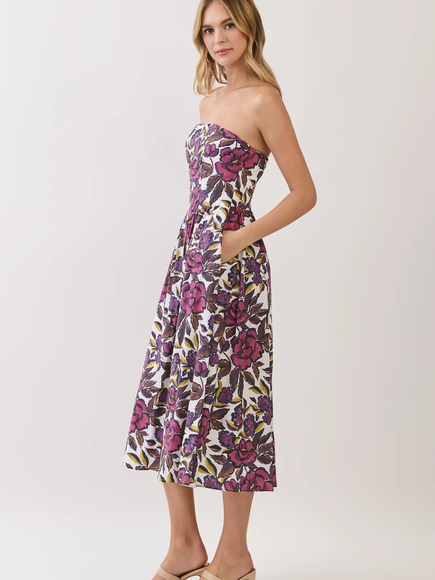 Lainey Plum Floral Strapless Midi Dress