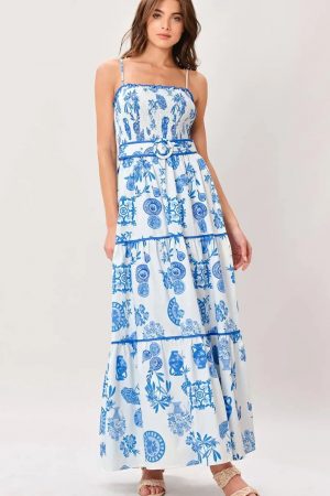 Daisy Blue & White Porcelain Print Maxi Dress