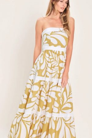 Donna Mustard & White Botanical Strapless Maxi Dress