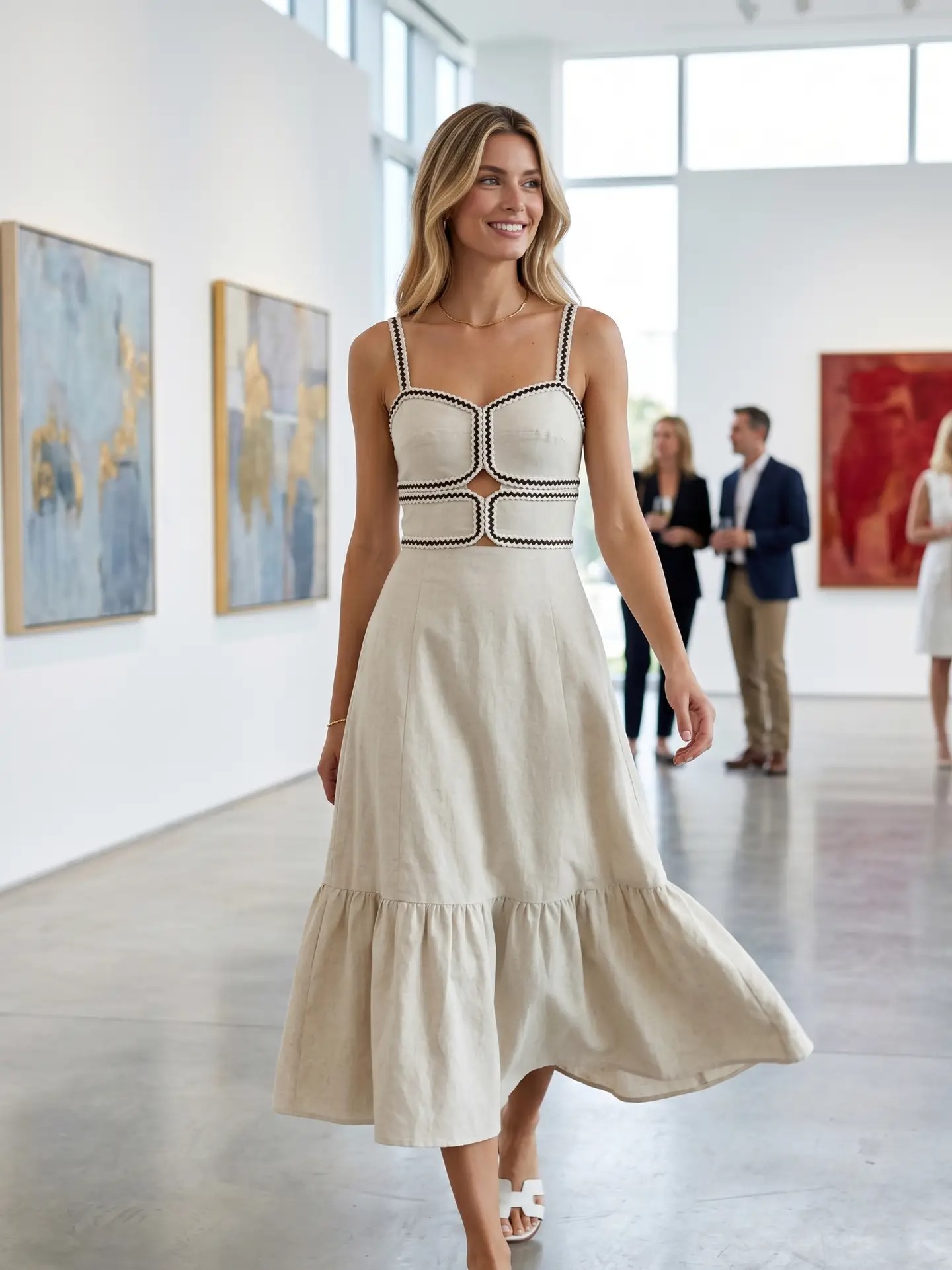 Chelsea Anne Ivory Contrast-Trim Cutout Midi Dress