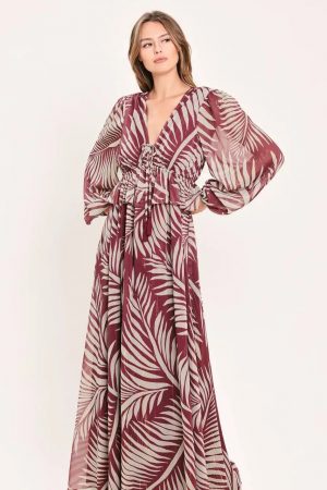 Celena Burgundy Palm Print Maxi Dress
