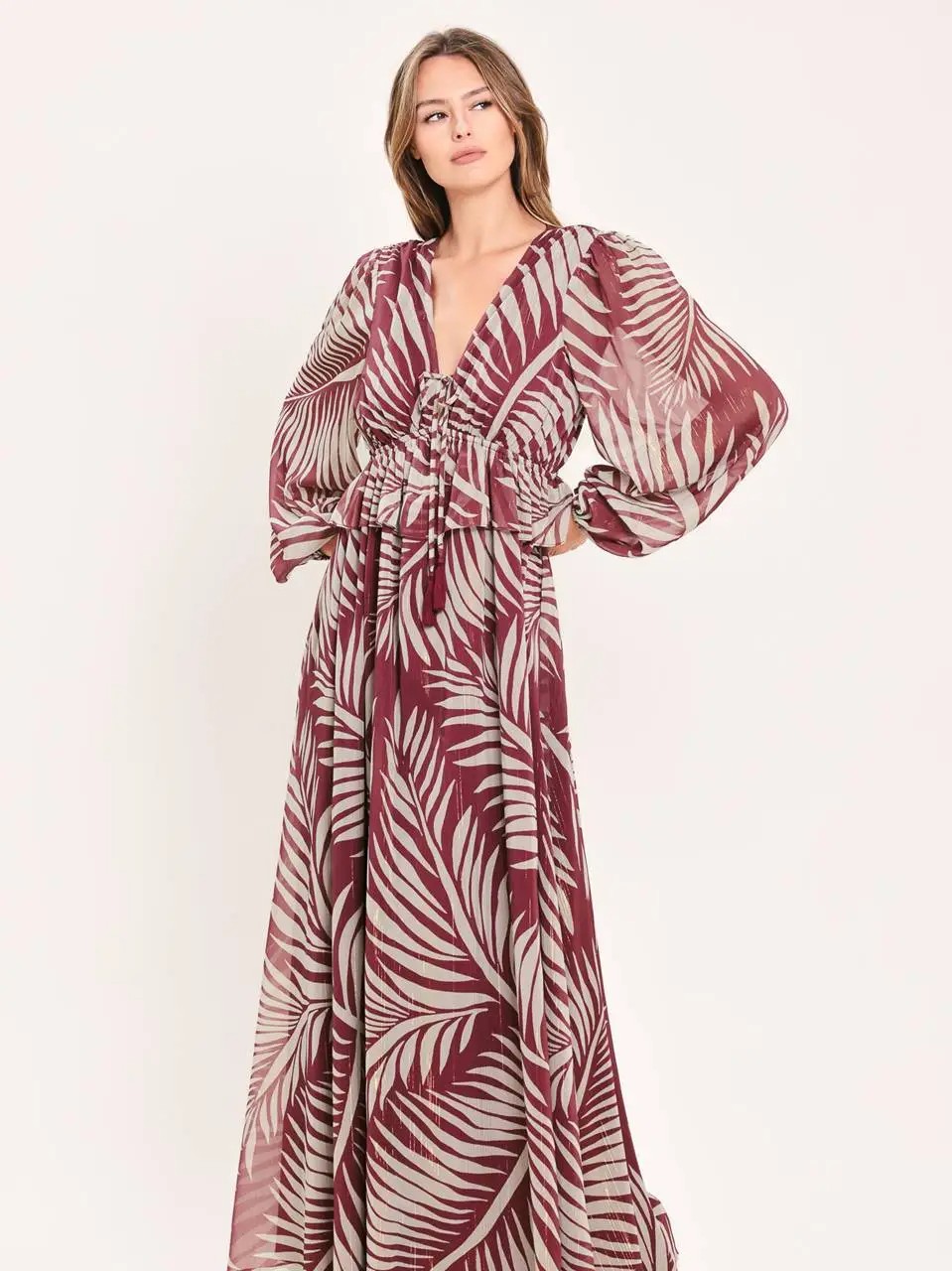 Celena Burgundy Palm Print Maxi Dress