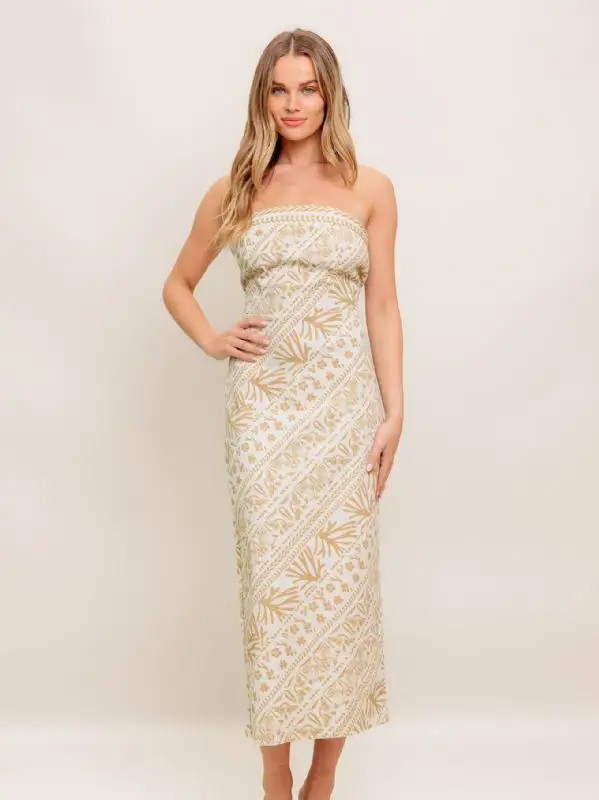 Apple Ivory Botanical Strapless Midi Dress