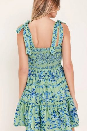 Payton Green & Blue Floral Tie-Strap Mini Dress