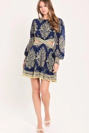 Haverly Navy & Gold Printed Cutout Mini Dress