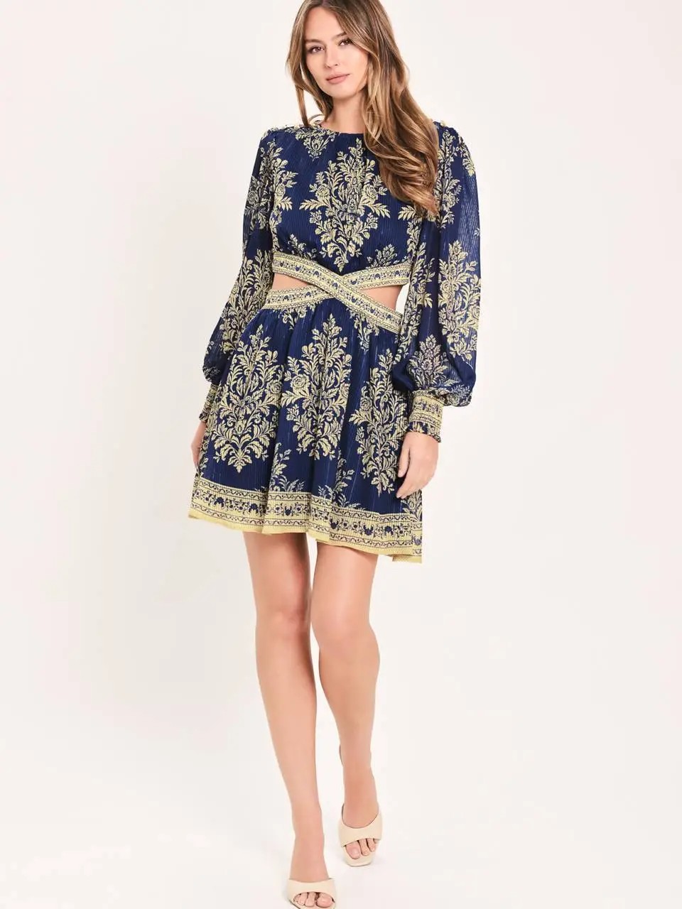 Haverly Navy & Gold Printed Cutout Mini Dress