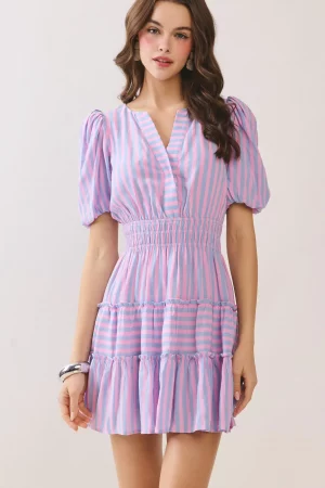 River Anne V Slit Neck Bubble Sleeve Dress