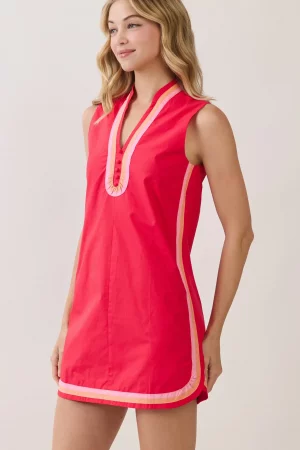 Scarlett Coral Red Contrast-Trim Mini Dress.