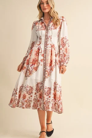 Emory Paisley Pleated Waist Button Down Midi Dress