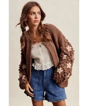 Bea Hand Knit Floral Bobble Sleeve Cardigan