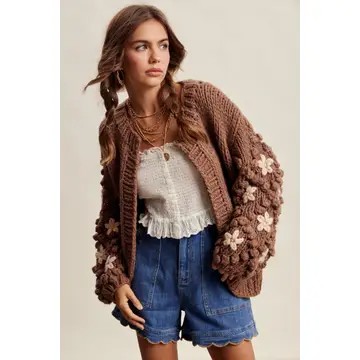 Bea Hand Knit Floral Bobble Sleeve Cardigan